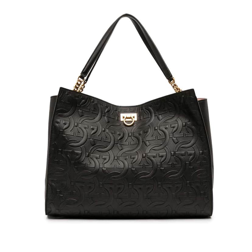 Salvatore Ferragamo Gancini Embossed Calfskin Trifolio Tote Black Leather Fair condition - Front View