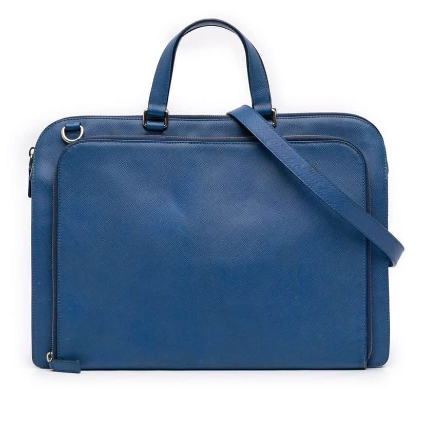 Prada Saffiano Cuir Travel Front Zip Pocket Briefcase Blue Leather Good condition - Front View