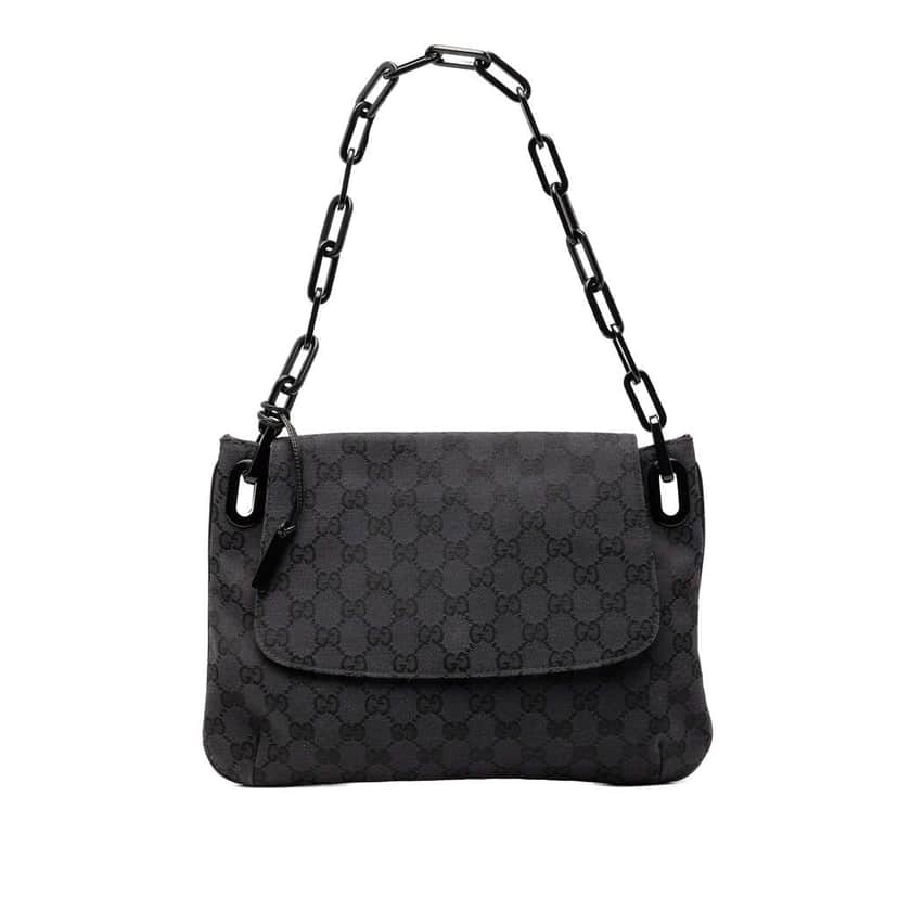 Gucci GG Canvas Resin Chain Flap Shoulder Bag Black Canvas Good condition - Front View
