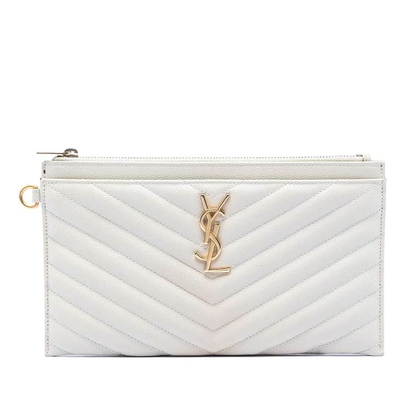 Saint Laurent Grain De Poudre Chevron Monogram Clutch White Leather Very good condition - Front View