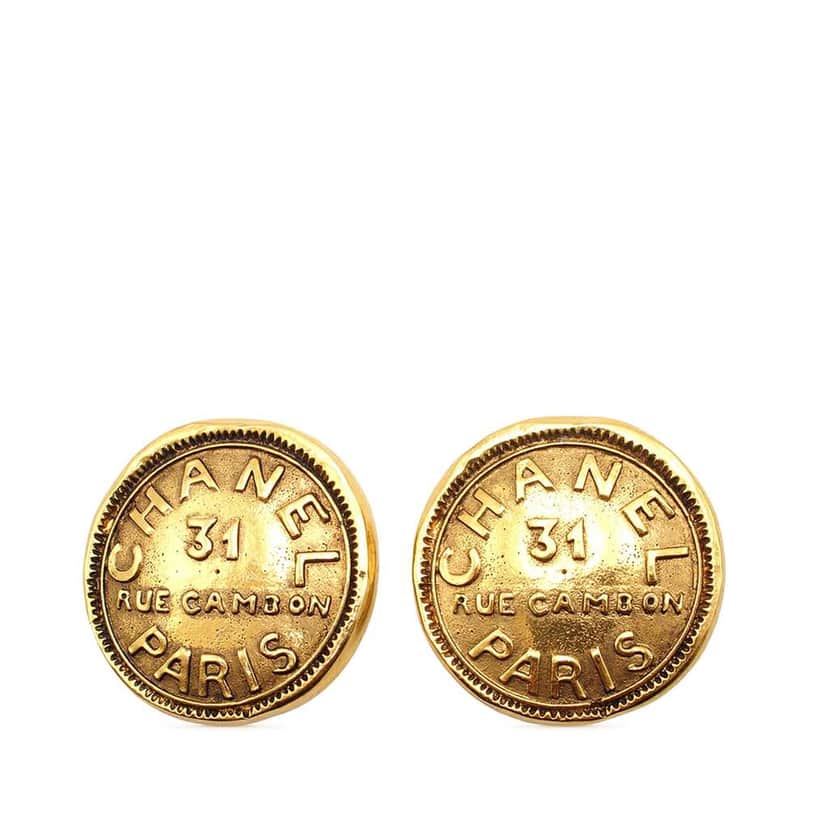 Chanel Gold Plated 31 Rue Cambon Round Clip On Earrings Gold Metal Good condition - Front View