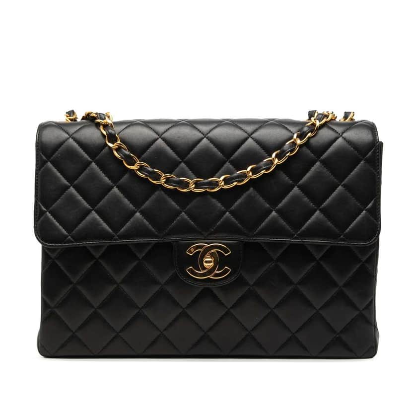 Chanel Jumbo Classic Lambskin Single Flap Black Leather Very good condition - Front View
