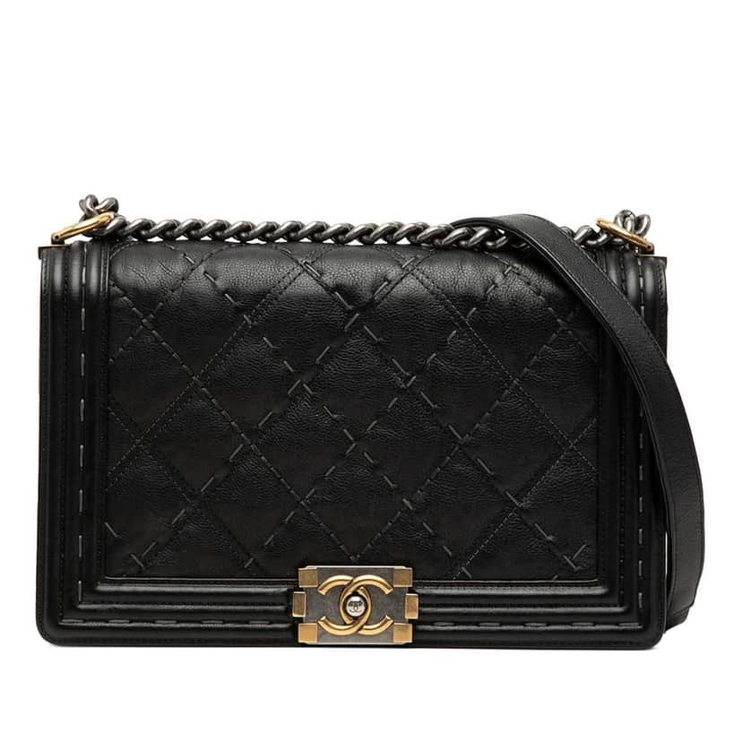 Chanel Medium Quilted Calfskin Wild Stitch Boy Flap Black Leather Good condition - Front View