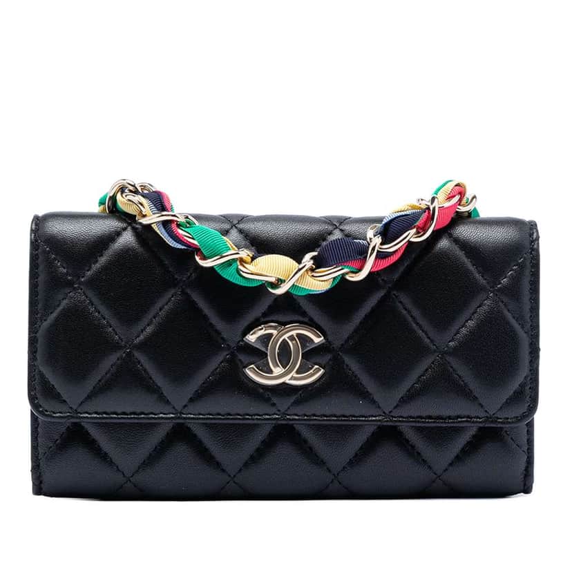 Chanel CC Quilted Shiny Lambskin Ribbon Long Clutch on Chain Black Leather Good condition - Front View