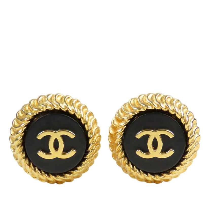 Chanel CC Gold Plated and Resin Round Button Clip On Earrings Gold Metal Good condition - Front View