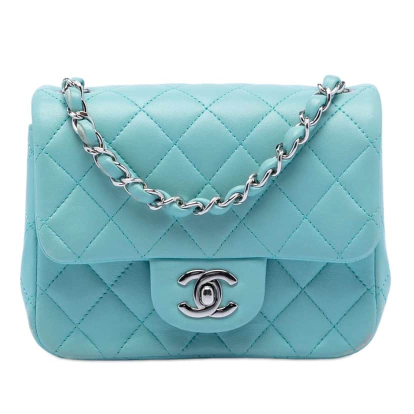 Chanel Mini Square Classic Lambskin Single Flap Blue Leather Good condition - Front View
