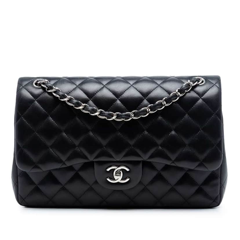 Chanel Jumbo Classic Lambskin Double Flap Black Leather Very good condition - Front View