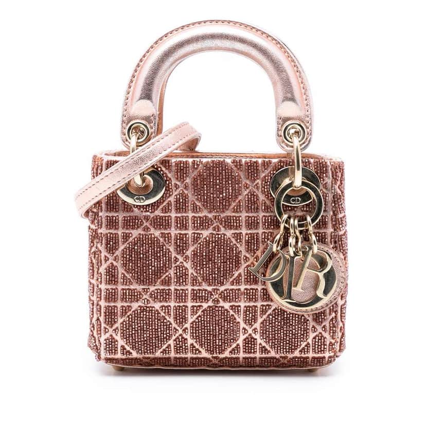Dior Micro Metallic Calfskin Cannage Beaded Lady Dior Pink Leather Good condition - Front View