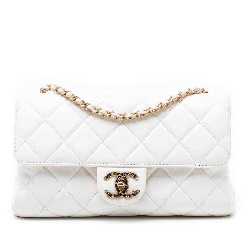 Chanel Small CC Quilted Aged Calfskin Accordion Flap White Leather Fair condition - Front View