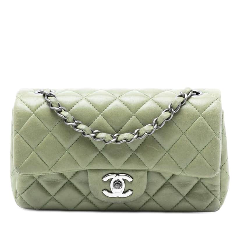 Chanel Mini Rectangular Classic Lambskin Single Flap Green Leather Very good condition - Front View