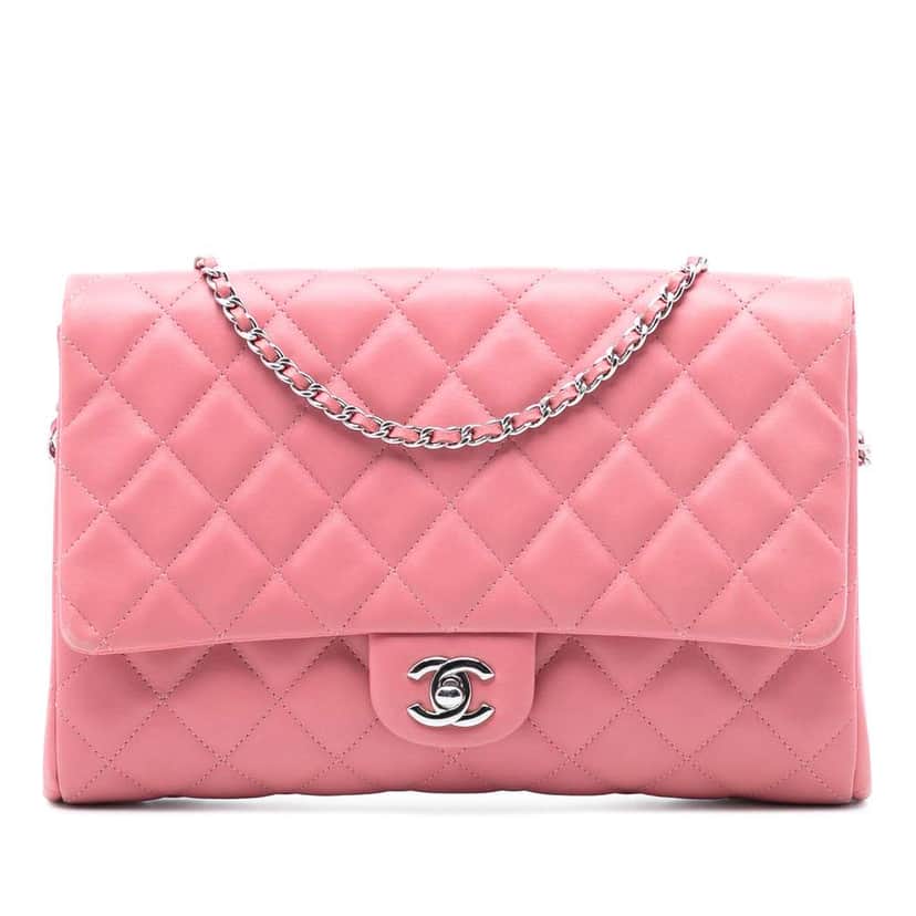Chanel CC Quilted Lambskin Flap Clutch on Chain Pink Leather Very good condition - Front View
