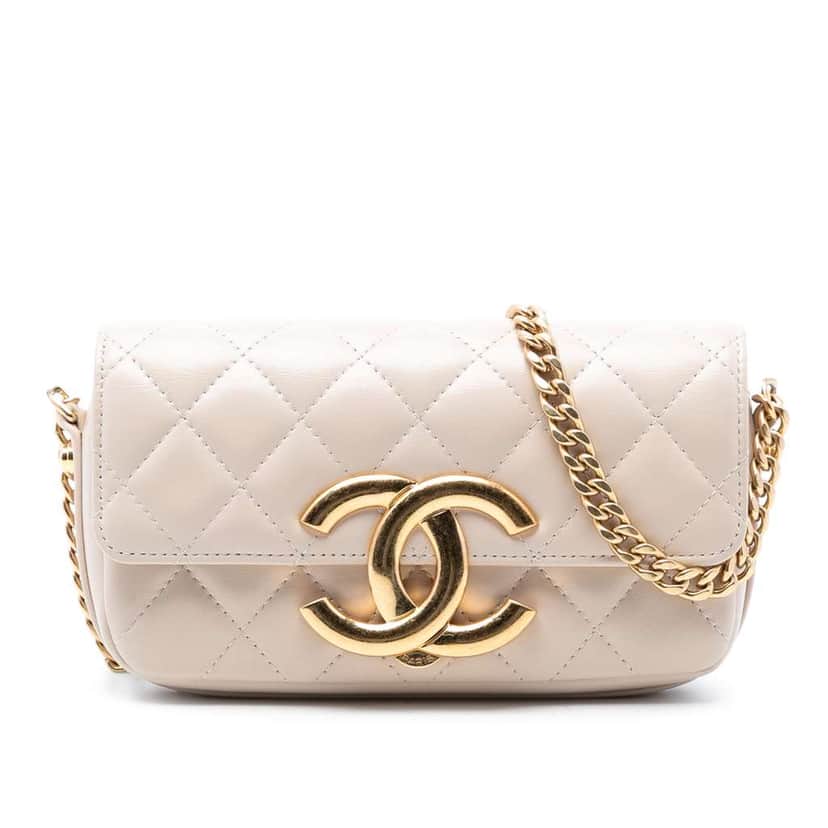 Chanel Quilted Lambskin Giant CC Flap Phone Holder with Chain Brown Leather Very good condition - Front View