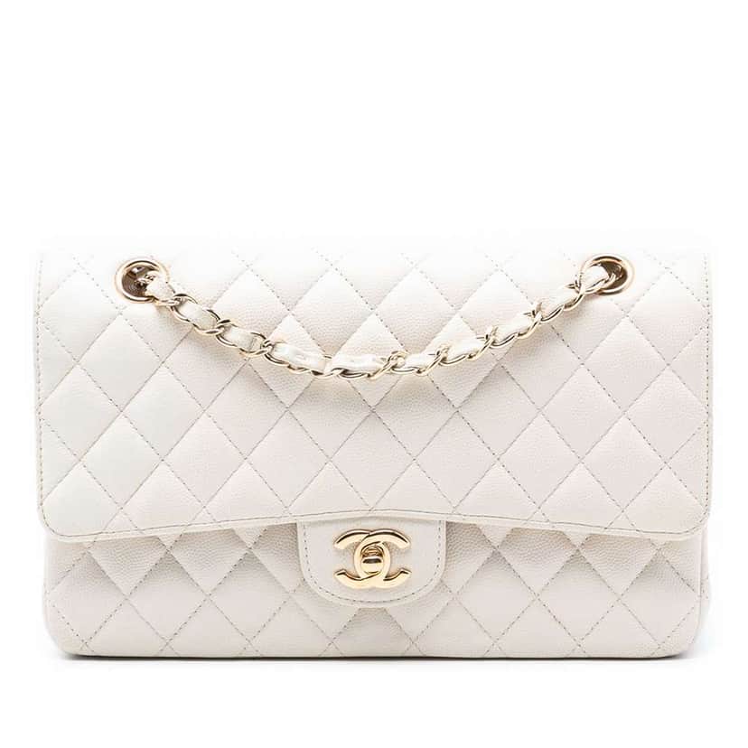 Chanel Medium Classic Caviar Double Flap White Leather Very good condition - Front View