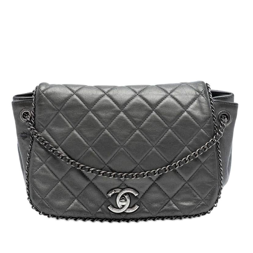 Chanel Small Quilted Calfskin CC Enchained Accordion Flap Grey Leather Very good condition - Front View
