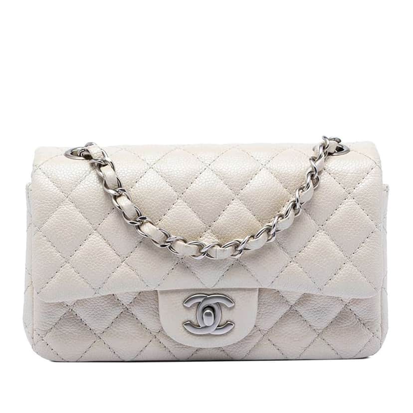 Chanel Mini Rectangular Classic Caviar Single Flap White Leather Very good condition - Front View