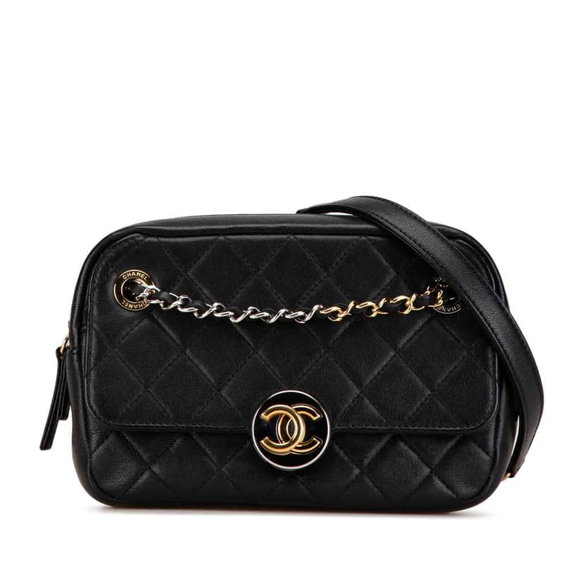 Chanel CC Quilted Lambskin Chain Camera Bag Black Leather Very good condition - Front View