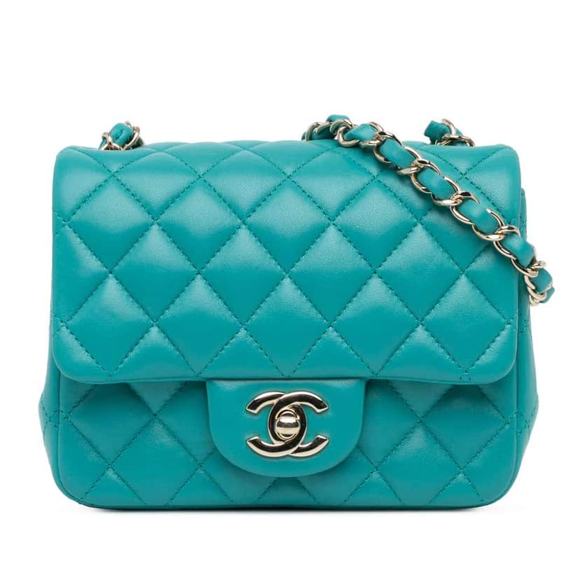 Chanel Mini Square Classic Lambskin Single Flap Blue Leather Very good condition - Front View