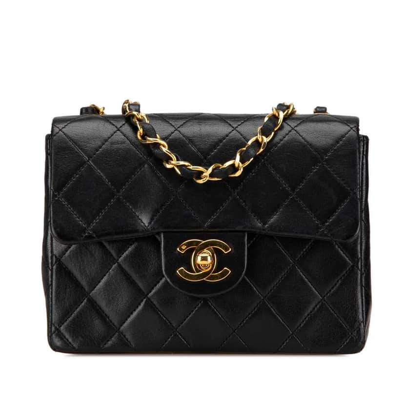 Chanel Mini Square Classic Lambskin Single Flap Black Leather Good condition - Front View