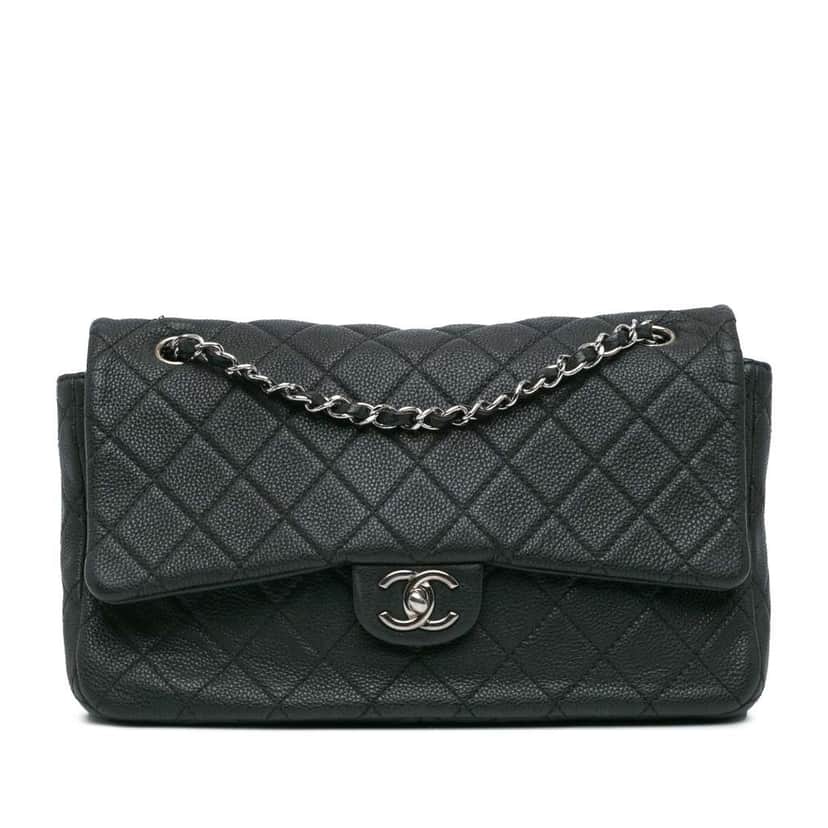 Chanel Jumbo Quilted Caviar Double Compartment Chain Flap Black Leather Good condition - Front View