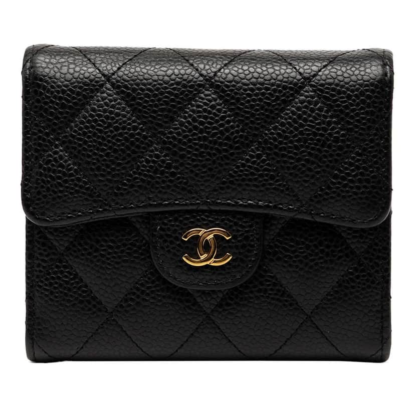 Chanel CC Quilted Caviar Trifold Wallet Black Leather Very good condition - Front View