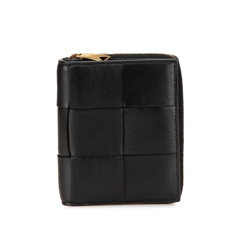 Bottega Veneta Lambskin Maxi Intreccio Cassette Bifold Zip Wallet Black Leather Very good condition - Front View