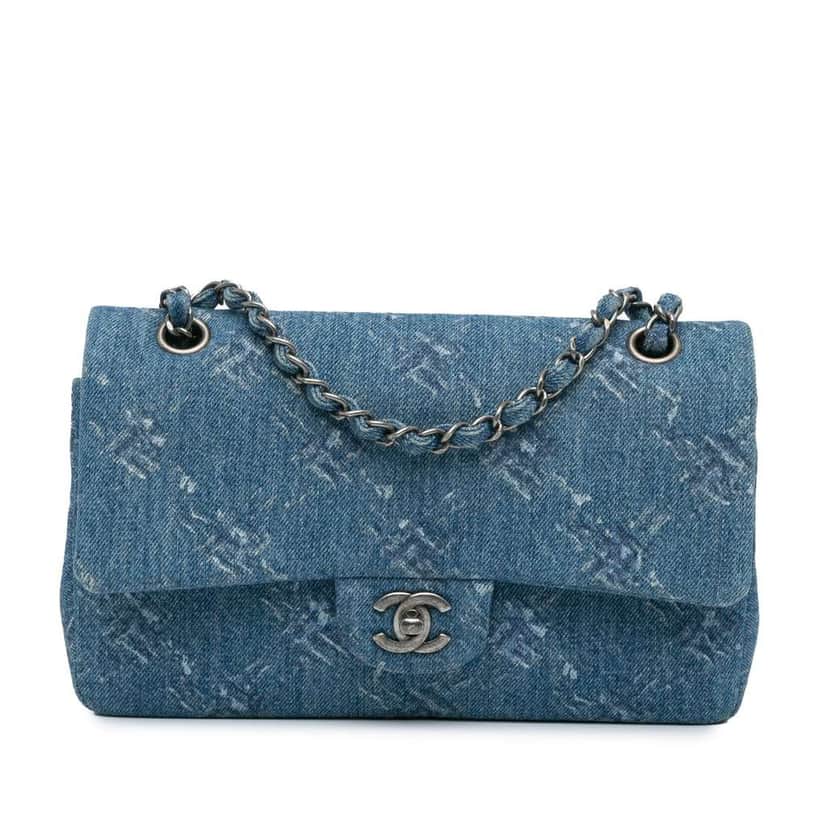 Chanel Medium Classic Printed Denim Double Flap Blue Denim Good condition - Front View