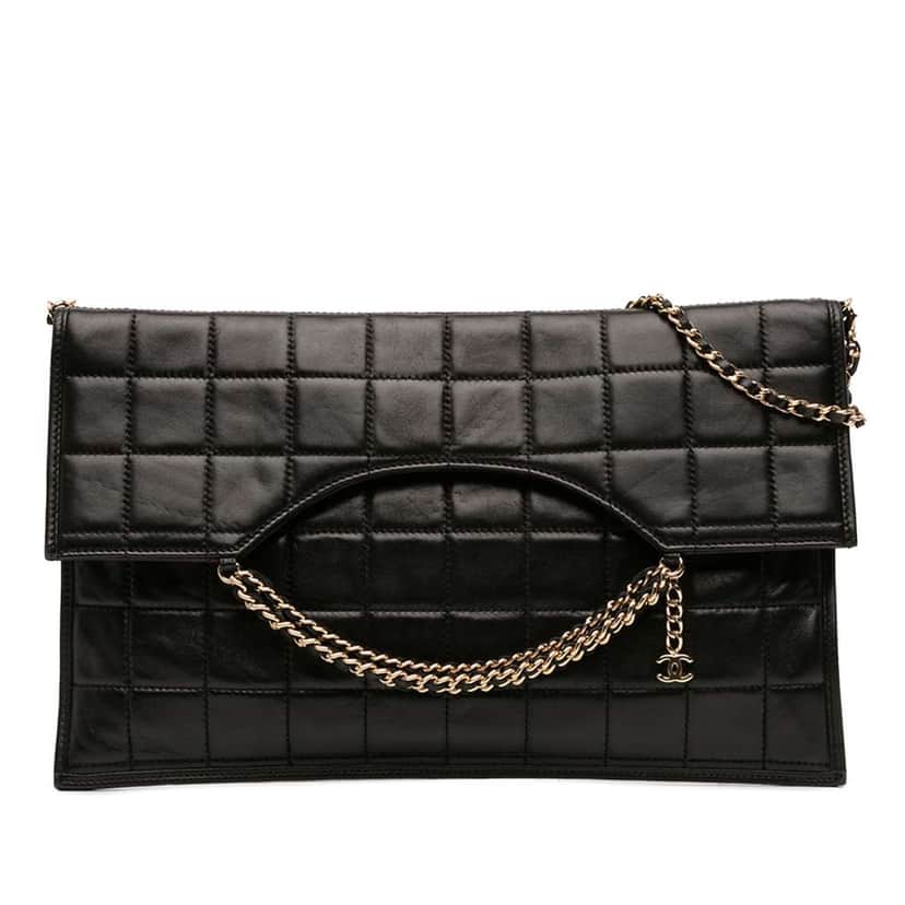 Chanel CC Chocolate Bar Lambskin Fold Down Envelope Shoulder Bag Black Leather Very good condition - Front View