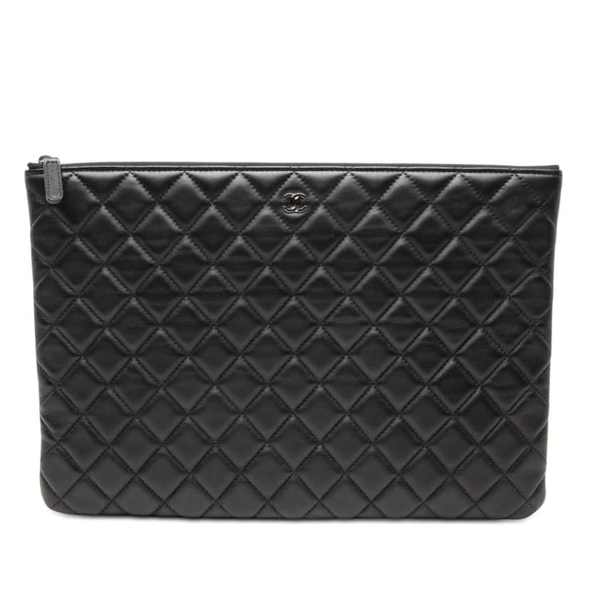 Chanel Large Quilted Lambskin Double Stitch O Case Clutch Black Leather Good condition - Front View
