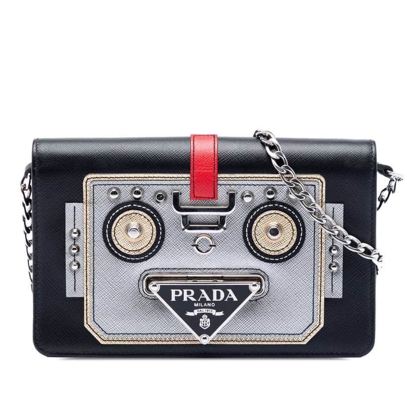 Prada Saffiano Robot Wallet on Chain Black Leather Good condition - Front View