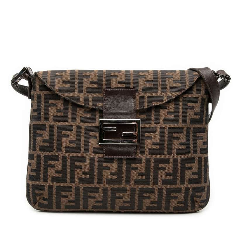 Fendi Zucca Canvas Double Flap Shoulder Bag Brown Canvas Fair condition - Front View