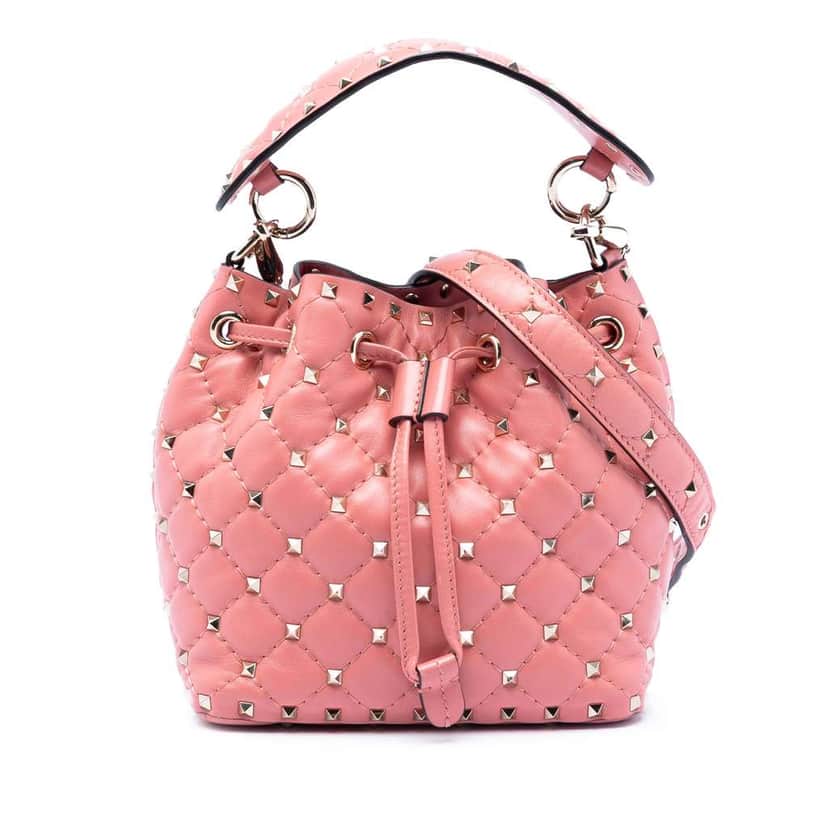 Valentino Small Leather Rockstud Spike Bucket Bag Pink Leather Good condition - Front View
