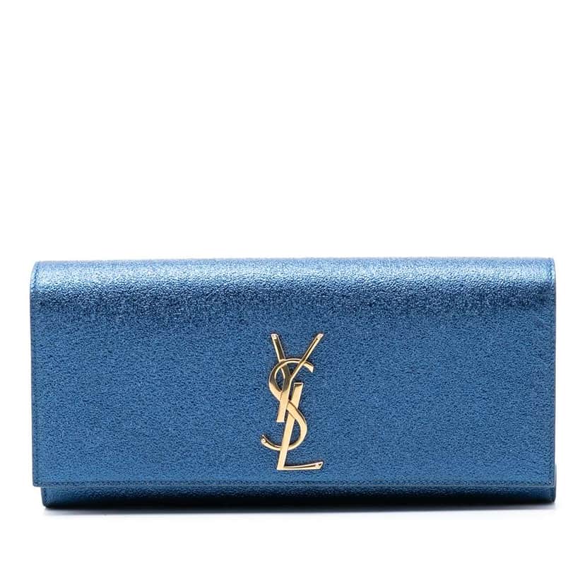 Saint Laurent Metallic Calfskin Cassandre Clutch Blue Leather Good condition - Front View
