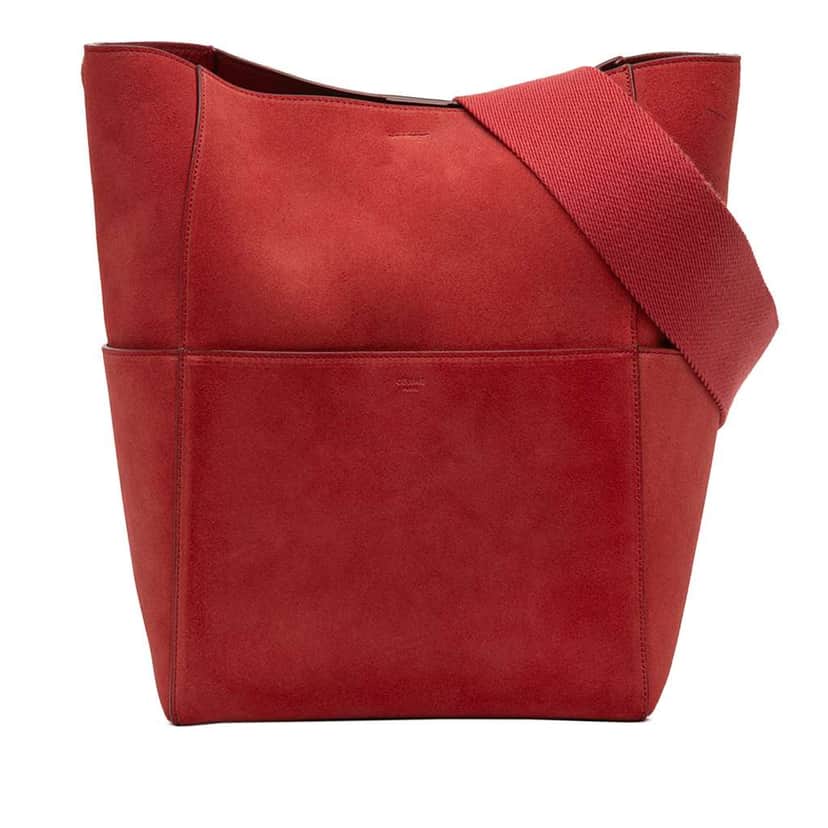 Celine Medium Suede Seau Sangle Bucket Bag Red Leather Very good condition - Front View