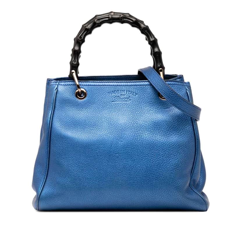 Gucci Small Metallic Calfskin Bamboo Shopper Satchel Blue Leather Very good condition - Front View