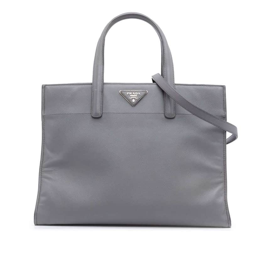 Prada Saffiano Soft Triple Pocket Tote Grey Leather Very good condition - Front View