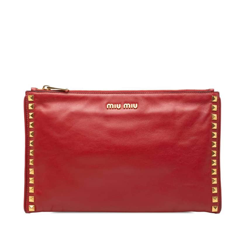 Miu Miu Studded Leather Zip Clutch Red Leather Very good condition - Front View
