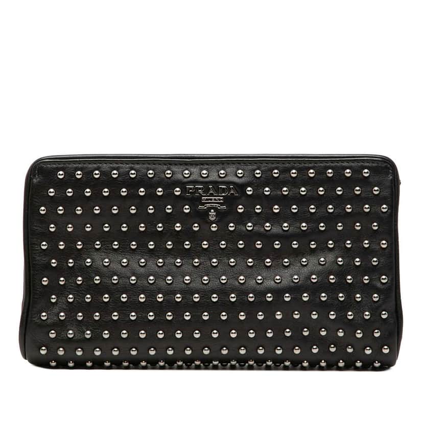 Prada Studded Leather Clasp Clutch Black Leather Very good condition - Front View