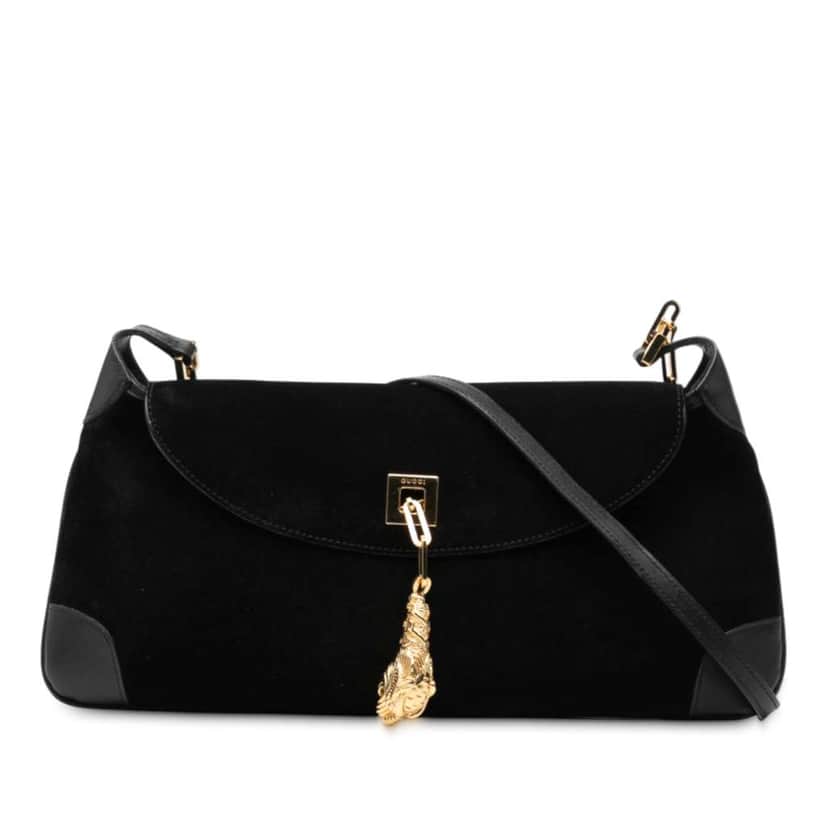 Gucci Suede Tiger Head Shoulder Bag Black Leather Very good condition - Front View