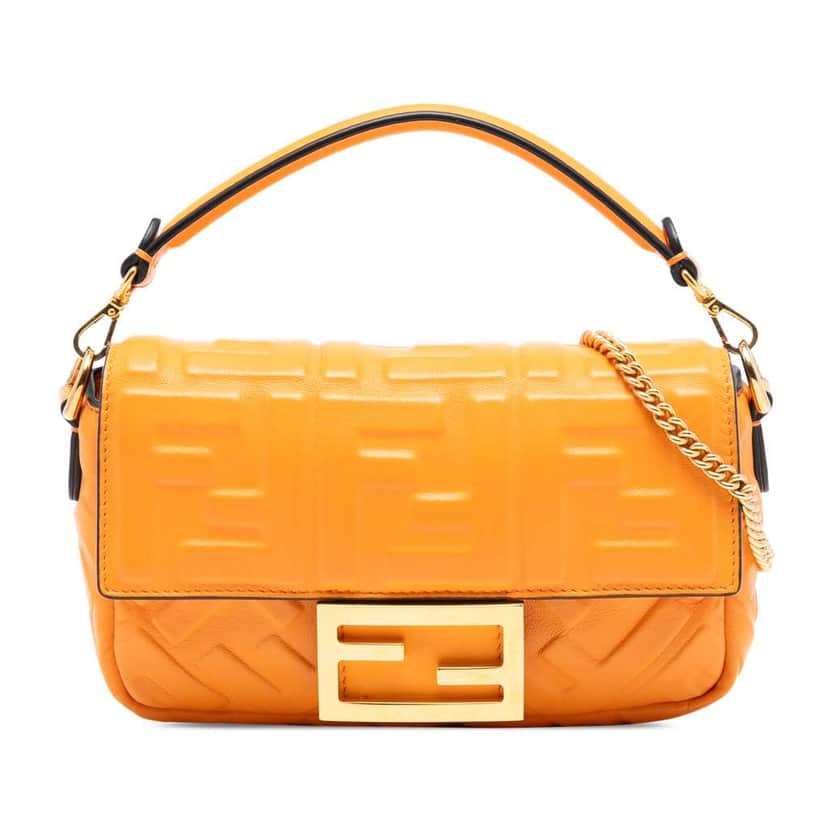 Fendi Mini Zucca Embossed Leather Baguette Satchel Orange Leather Very good condition - Front View