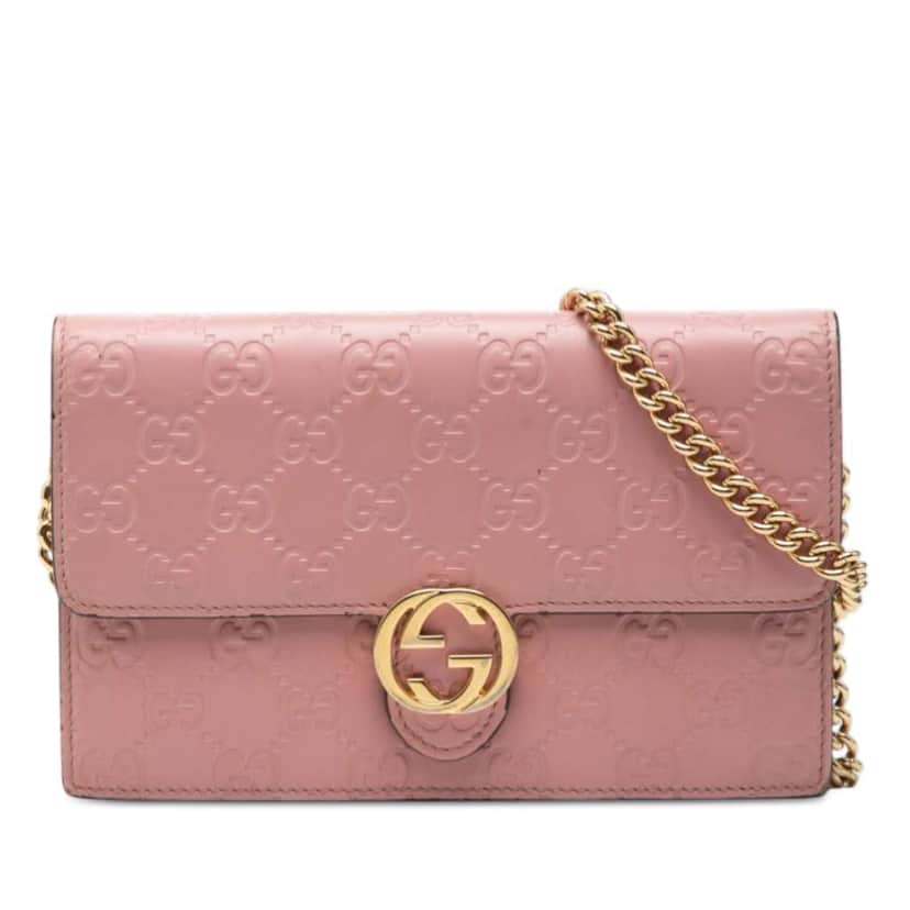 Gucci Guccissima Interlocking G Wallet On Chain Pink Leather Very good condition - Front View