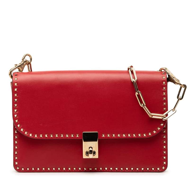 Valentino Leather Rockstud Turnlock Chain Crossbody Red Leather Very good condition - Front View