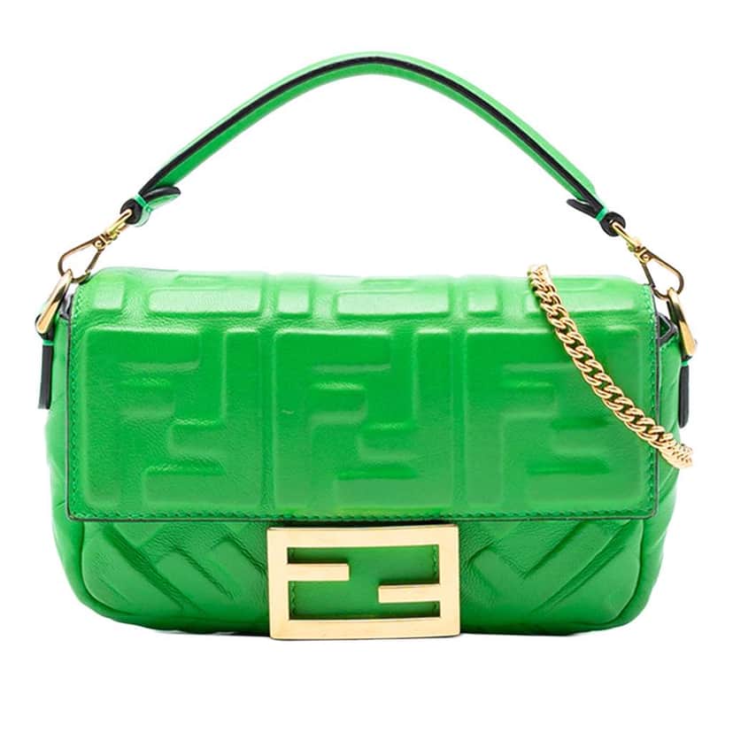 Fendi Mini Zucca Embossed Leather Baguette Satchel Green Leather Very good condition - Front View