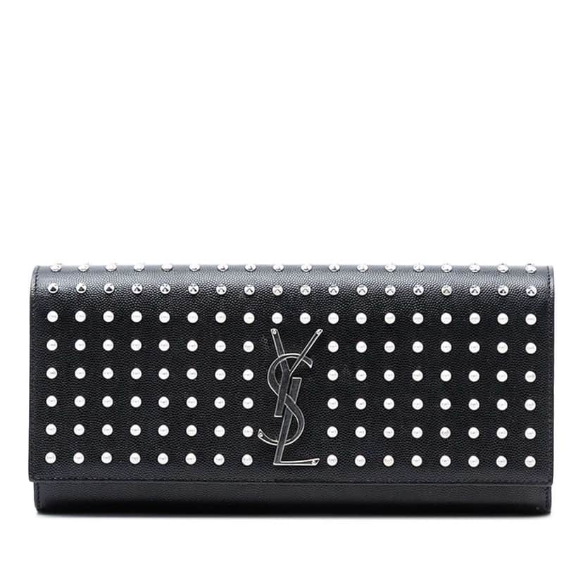 Saint Laurent Grain De Poudre Classic Monogram Studded Clutch Black Leather Very good condition - Front View