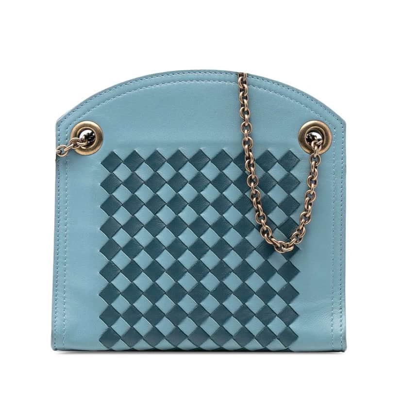 Bottega Veneta Nappa Intrecciato Chain Wallet Blue Leather Very good condition - Front View