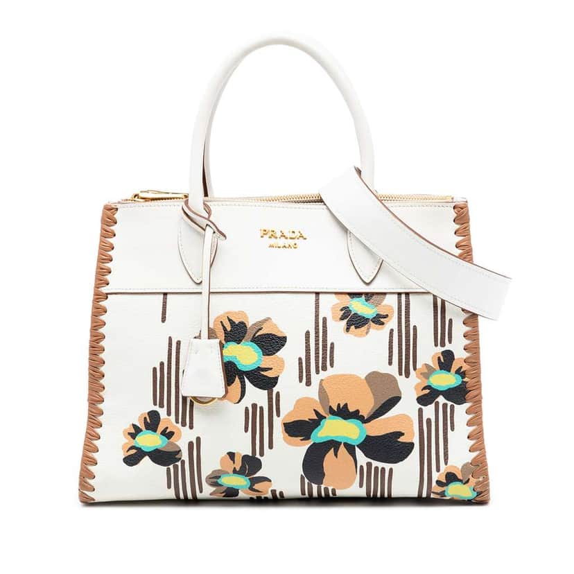 Prada City Calf Trimmed Madras Floral Print Paradigme Whipstitch Satchel White Leather Very good condition - Front View