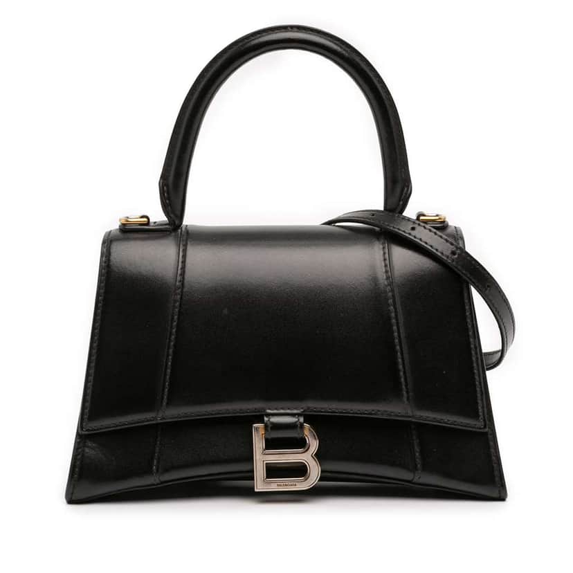 Balenciaga Small Shiny Box Calfskin Hourglass Top Handle Bag Black Leather Very good condition - Front View