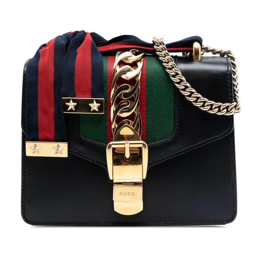 Gucci Mini Leather Web Sylvie Chain Crossbody Black Leather Very good condition - Front View