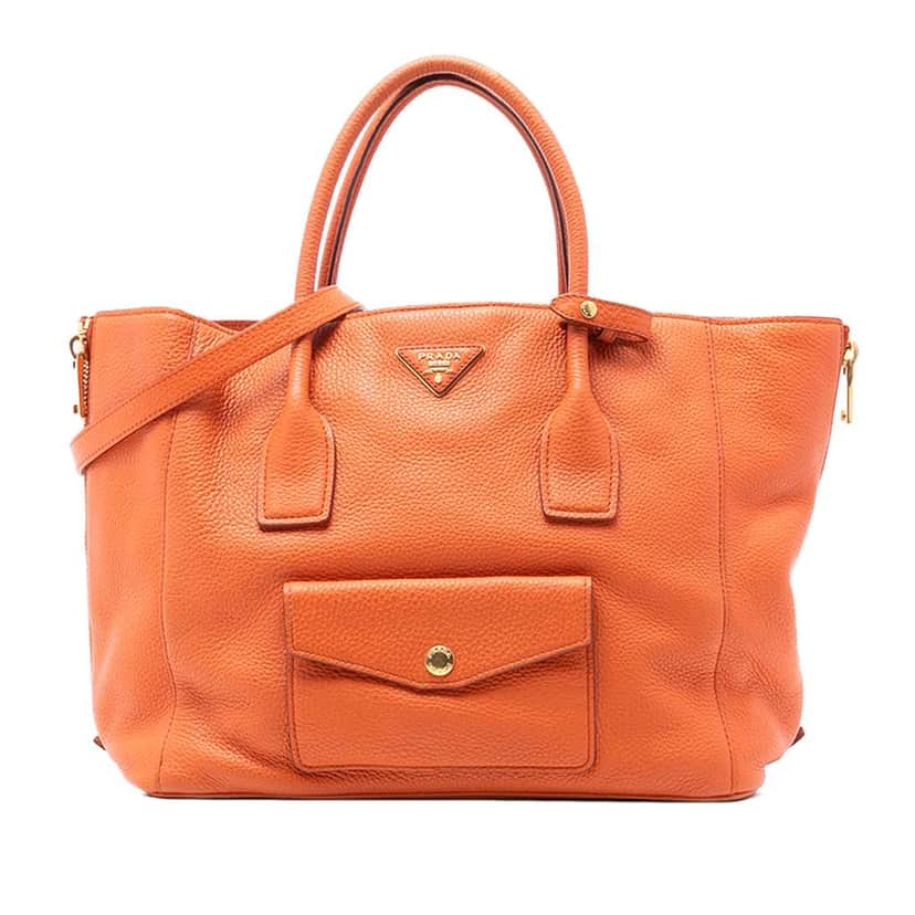 Prada Vitello Daino Side Zip Twin Pocket Open Convertible Tote Orange Leather Very good condition - Front View
