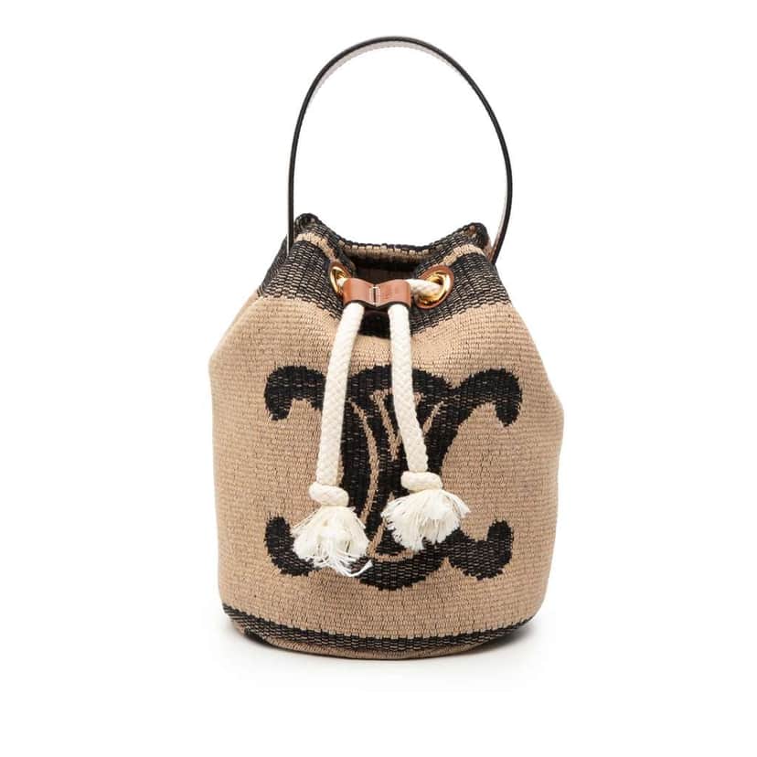 Celine Small Triomphe Raffia Drawstring Bucket Bag Brown Never worn - Front View