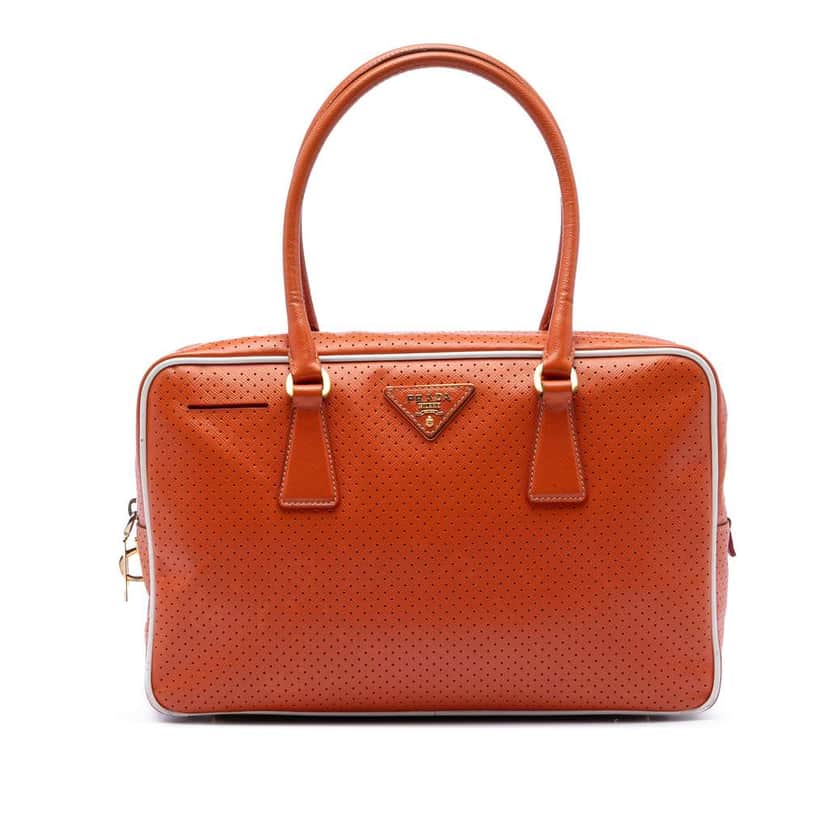 Prada Perforated Vitello Drive Leather Bauletto Top Handle Bag Orange Leather Very good condition - Front View